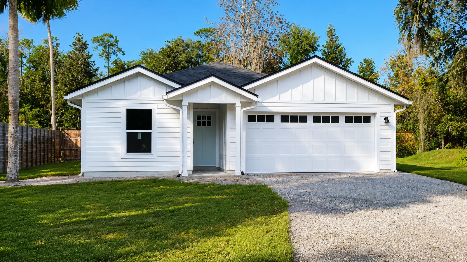 White ranch home with covered entry, new construction