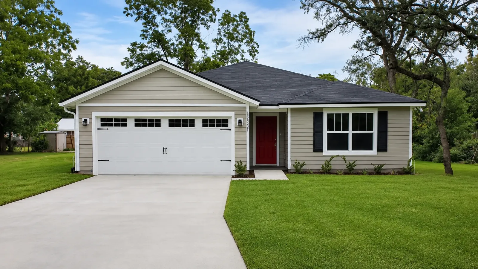 Ranch home with red front door and manicured lawn