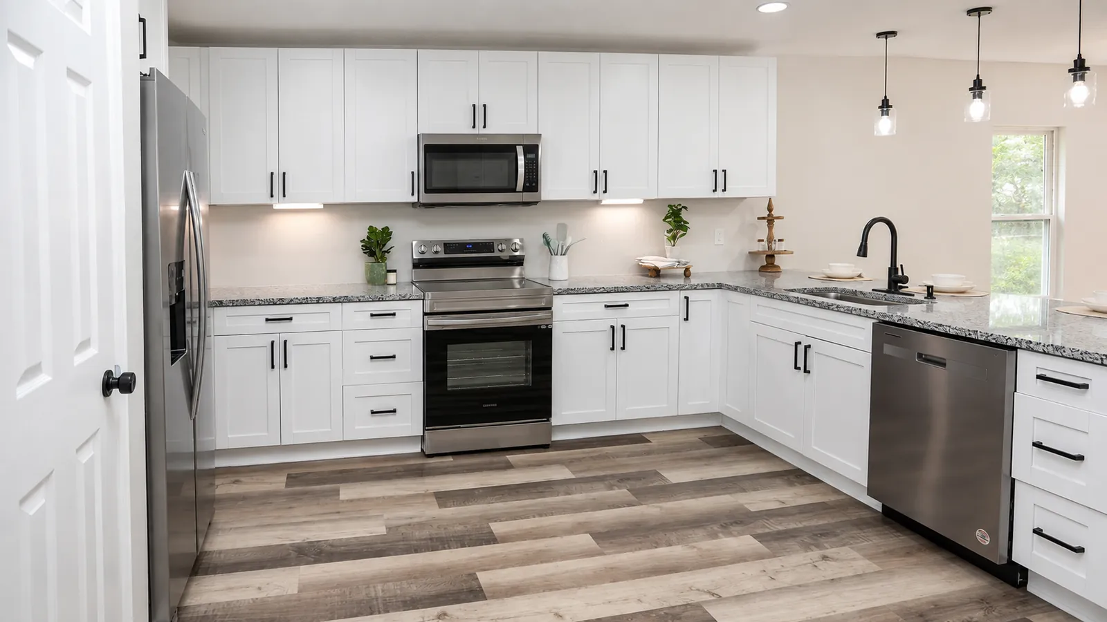 Bright white kitchen with wood-look flooring